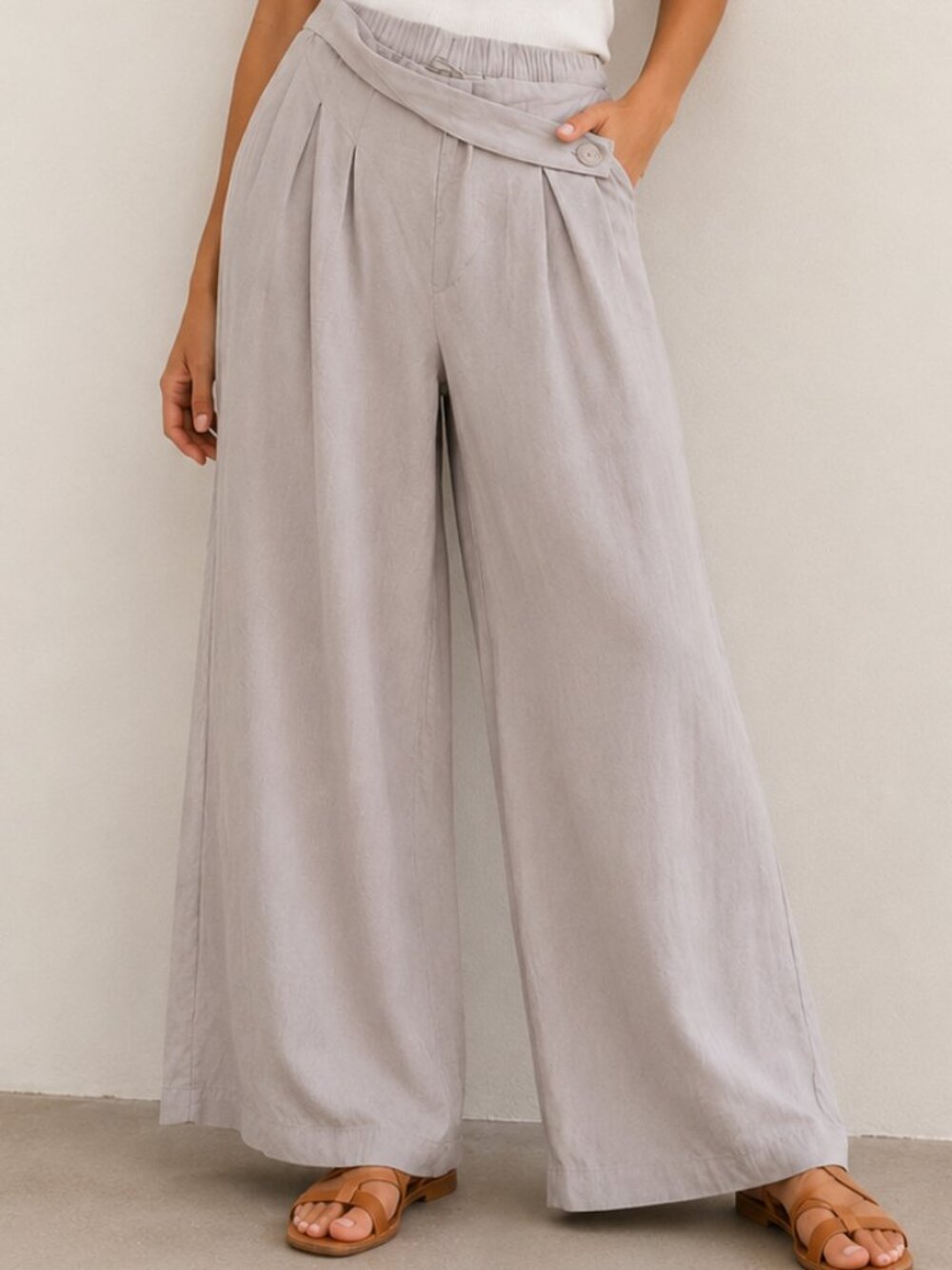 People Wide Leg Wrap Waist Pants Size X-Large Taupe Viscose Draped